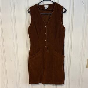 Newport News vintage women’s small brown corduroy pinafore mini button dress